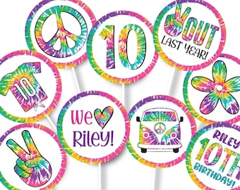 Tie Dye Cupcake Toppers Tie-Dye Cupcake Toppers Peace out single digits Birthday Tie-dye Decor Tie-Dye Party Digital Busy bee's Happenings