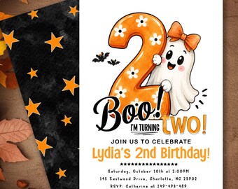 Boo I'm Two Birthday Invitation, Girl Ghost 2nd Birthday Halloween Invite