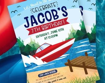 Speed Boat Lake Birthday Invitation, Summer Water Party Invite (Digital Download)