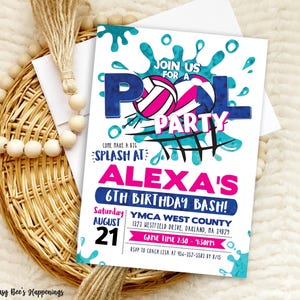 Volleyball Pool Birthday Party Invitation, Pink Editable Water Volleyball Invite, Outdoor Sand Volleyball Pool Party, Girl Sports Invite