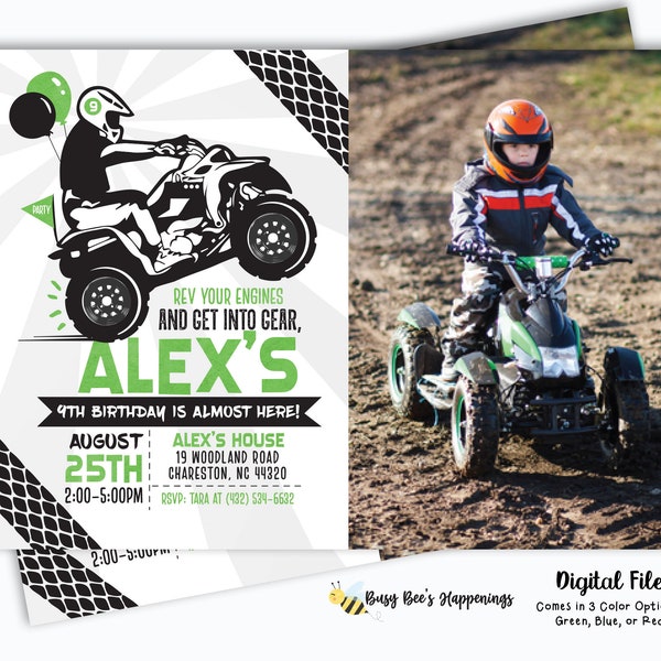 ATV Birthday Invitation 4 Wheeler Birthday Invitation Racing Birthday Invitation ATV Quad Birthday Invite Digital File Busy bee's Happenings