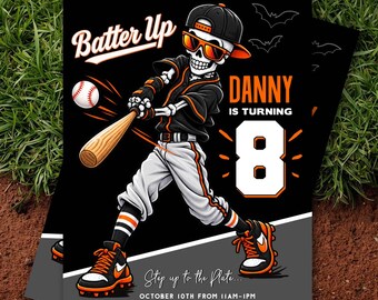 Skeleton Baseball Birthday Invitation, Baseball Player Birthday Party Invite, Spooky Baseball Invite, Boy Sports Birthday Invitation