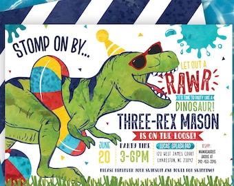 Three-Rex Pool Birthday Invitation, Dinosaur Pool Party Invite, T-Rex Splash Birthday Invitation, Dinosaur Swim Party Invite