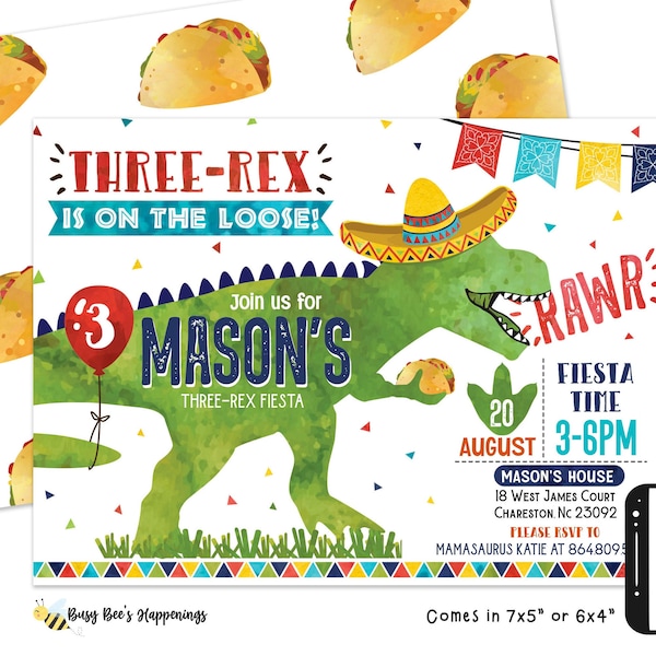 T-rex birthday invitation Dinosaur Birthday Invitation Dinosaur Taco Birthday Taco Birthday Fiesta Party Digital File Busy bee's Happenings