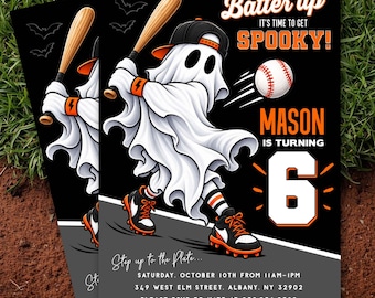Baseball Ghost Halloween Birthday Invitation, Spooky Baseball Birthday Party Invite, Halloween Sports Birthday Invitation