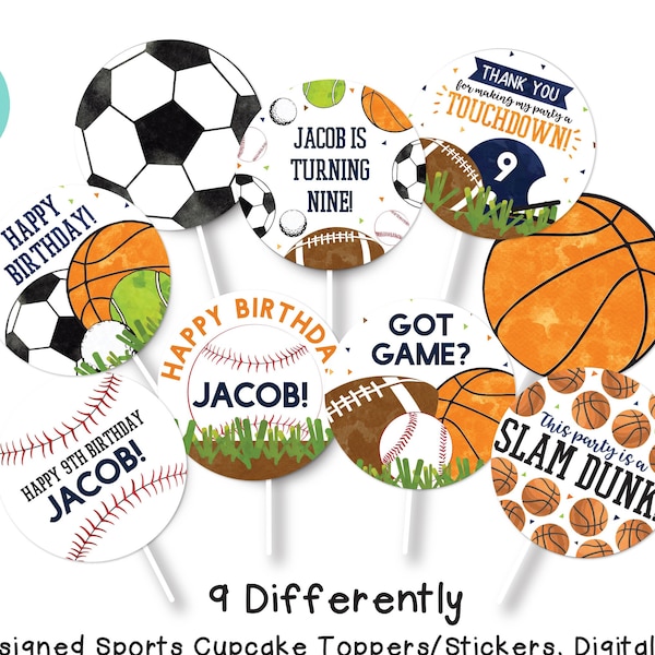 Sports Cupcake Toppers Sports Birthday Cupcake Toppers Sports Decor Soccer Football Basketball Baseball Digital File BusybeesHappenings