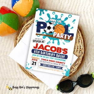 Sports Pool Birthday Party Invitation, Editable Sports Balls Summer Pool Party Birthday Invite, Sport Birthday, Baseball, Soccer Basketball