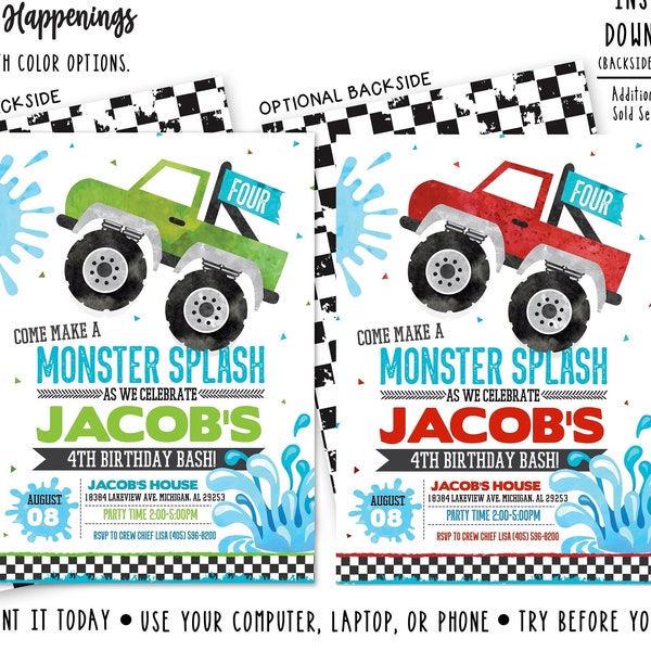 Monster Truck Pool Birthday Monster Truck Pool Party Monster Truck Birthday Invite Monster Truck Invite Digital File Busy bee's Happenings