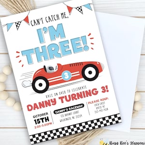 Invitation 3e anniversaire de voiture de course : thème Can&#39;t Catch Me (impression numérique)