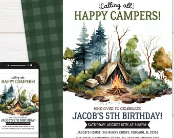 Camping Birthday Invitation Camp out printable invite Camping Birthday Theme Camping birthday decor Digital File Busy bees Happenings