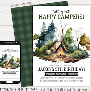 Camping Birthday Invitation Camp out printable invite Camping Birthday Theme Camping birthday decor Digital File Busy bees Happenings