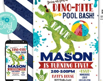 Dinosaur Birthday Invitation Pool Birthday Invitation Dinosaur Invite t-rex birthday invite Pool Party Digital File Busy bee's Happenings