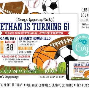 Sports Birthday Invitation Sports Birthday Party Sports Party Sports Birthday Invite Sports Invite Digital File by Busy bee's Happenings