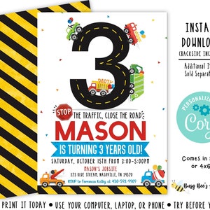 Editable Transportation Birthday Invitations, Digital Truck Birthday Invite Trucks third birthday Invite Cars Birthday Invite Digital File