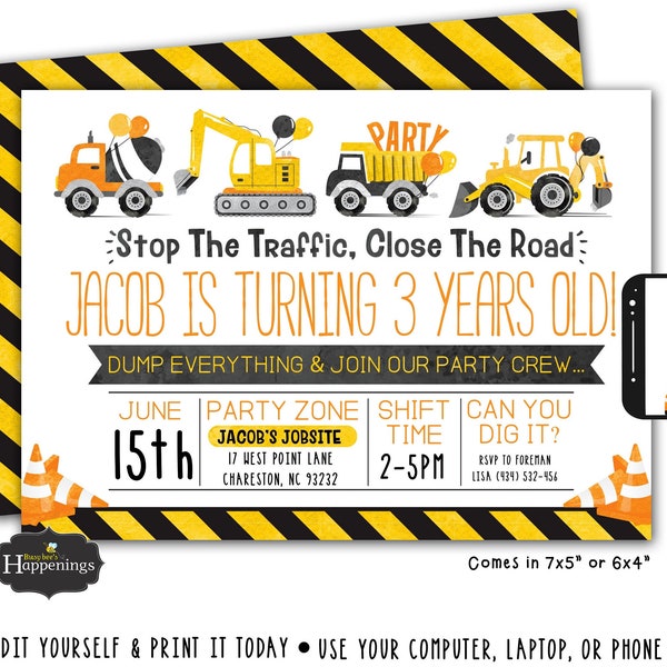 Construction Birthday Invitation Construction Birthday Parade Invite Construction Invite Construction Digital File by Busy bee's Happenings