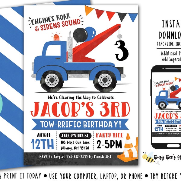 Tow Truck Birthday Invitation Tow Truck Invite Truck Birthday Invitation Truck Invite Tow Truck Party Digital File Busy bee's Happenings