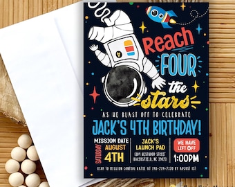 Outer Space 4th Birthday Invitation: Astronaut Party (Digital Download) Reach four the stars invite