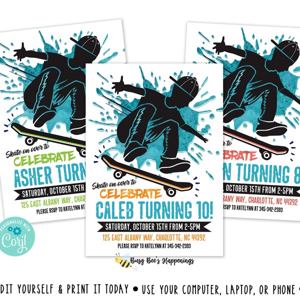 Invitación de cumpleaños de skate Skateboard Invitar Skateboarding Tema Cumpleaños Invitación Skate Invitar Archivo Digital Acontecimientos de abejas ocupadas