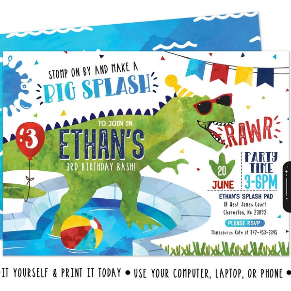 Dinosaur Birthday Invitation Pool Birthday Invitation Dinosaur Invite t-rex birthday invite Pool Party Digital File Busy bee's Happenings