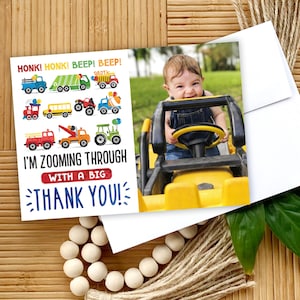 Transporte Cartão de agradecimento de aniversário, carros, caminhões Aniversário Obrigado, escavadeiras Trator Primeiros Socorristas Festa de aniversário Obrigado, veículos