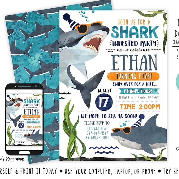 Shark Birthday Invitation Shark Invitation Party Pool Birthday Party Shark Attack Birthday Pool Party File by Busy bee's Happenings