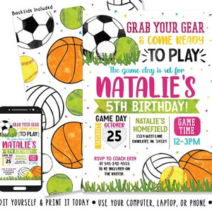 Girls Sports Birthday Invitation Girls Sports Birthday Party Girls Sports Party Sports Birthday Invite Digital File by Busy bee's Happenings