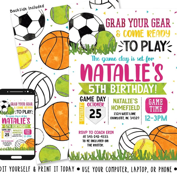 Invitation d'anniversaire sport pour filles Fête d'anniversaire sport pour filles Fête sportive pour filles Anniversaire sport inviter fichier numérique par Busy bee's Happenings