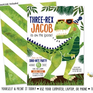 T-rex birthday invitation Dinosaur Birthday Invitation three-rex Invite 3-rex birthday Dinosaur Invite Digital File Busy bee's Happenings