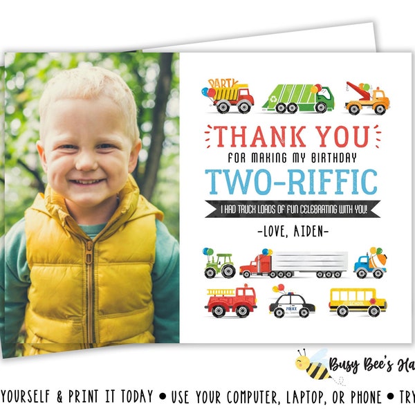 Transportation Birthday Thank You Car Birthday Thank You Truck Birthday Thank You Trucks Birthday Thanks Digital File Busy bees Happenings