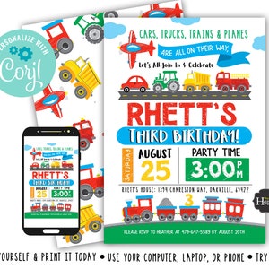 Transportation birthday Invitation Truck Birthday Invite  Tractor Birthday Invite Boys Birthday Digital File Busy bee's Happenings