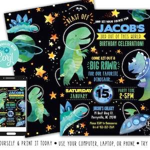 Space Dinosaur Birthday Invitation, Dinosaur Space Birthday Invitation, Dinosaur Party, Space Birthday Digital File Busy bee's Happenings