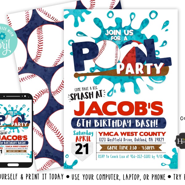 Baseball Birthday Invitation Baseball Invitation Baseball Pool Party Baseball Invite Pool Birthday Invite Digital File Busy bee's Happenings