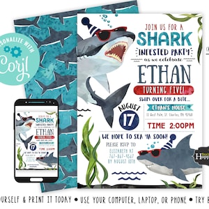 Shark Birthday Invitation Shark Invitation Party Pool Birthday Party Shark Attack Birthday Pool Party File by Busy bee's Happenings