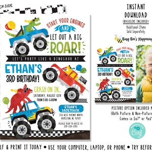 Dinosaur Monster Truck Birthday Invitation T-Rex Birthday invitation Dinosaur Birthday Invitation Trucks Digital File Busy Bee's Happenings