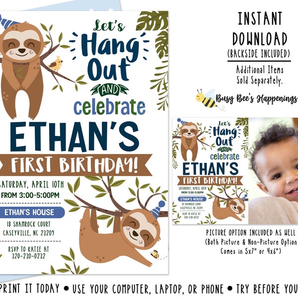 sloth birthday invitation Sloth invitation Sloth birthday party sloth printable file Jungle birthday Digital File by Busy bee's Happenings