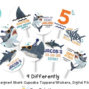 Orange Shark Cupcake Toppers: Editable Birthday Party Decor (Digital File) Pool Party