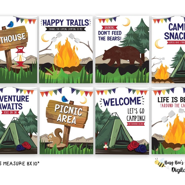 Camping Birthday Signs Camp out printable Party Signs Camping Birthday Theme Decor Camping birthday decor Digital File Busy bees Happenings