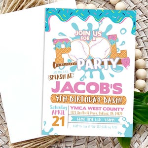 Drip Baseball Pool Geburtstagseinladung, Sommer Outdoor Baseball bearbeitbarer Pool Geburtstag einladen, Baseball Drip Pool Party, Schwimmen Geburtstag