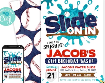 Baseball Birthday Invitation Baseball Invitation Baseball Water Slide Party Baseball Invite Pool Birthday Digital File Busy bee's Happenings