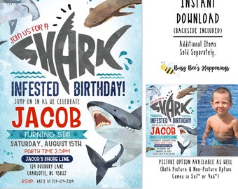 Invitation d'anniversaire de requin, fichier de fête d'anniversaire à la piscine, fête d'anniversaire à la piscine, attaque de requin, par Busy bee's Happenings