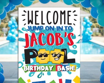 Building Block Pool Birthday Welcome Sign: Editable Party Decor (Digital Download)