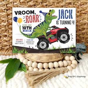 Verjaardagsuitnodiging T-rex vierwieler, bewerkbare ATV-verjaardagsuitnodiging, vierwieleruitnodiging, dinosaurusverjaardagsuitnodiging, offroad-auto uitnodigen