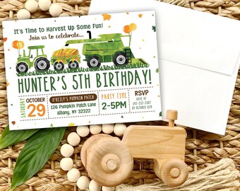 Green Tractor Birthday Invitation: Fall Harvest Farm Invite (Digital Download)