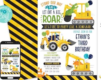 Dinosaur Construction Birthday Invitation T-Rex Birthday invitation Dinosaur Birthday Invitation Digital File Busy Bee's Happenings