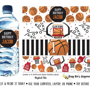Basketball-Geburtstags-Wasserflaschenetiketten, bearbeitbare Basketball-Geburtstagsfeierdekoration, Basketball-Getränkeetiketten, Sportparty-Digitaldatei