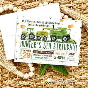 May include: A white invitation card with a green tractor illustration, text that reads "Hunter's 5th Birthday!" and event details. The card is on a woven background with wooden beads and twine.