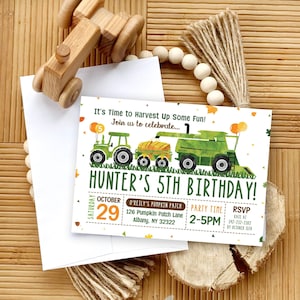 Green Tractor Birthday Invitation,  Tractor Harvest Party Birthday invitation, Farm Birthday invite, Combine Birthday, Plowing birthday
