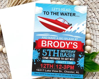 Red Speed Boat Birthday Invitation: Lake Party Invite (Digital or Printed)