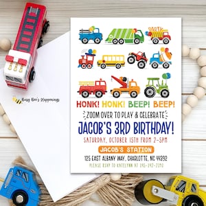 Transportation Birthday Invitation: Cars, Trucks, Trains (Editable Template)