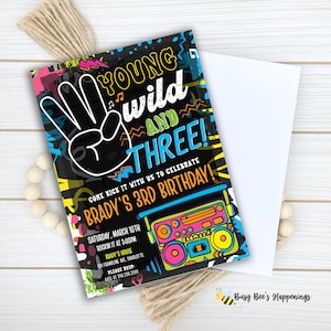 Young Wild and Three Birthday Invitation, Editable Hip Hop Birthday Invite, 3rd Birthday, Party 90s Invite, Retro Third Birthday invite